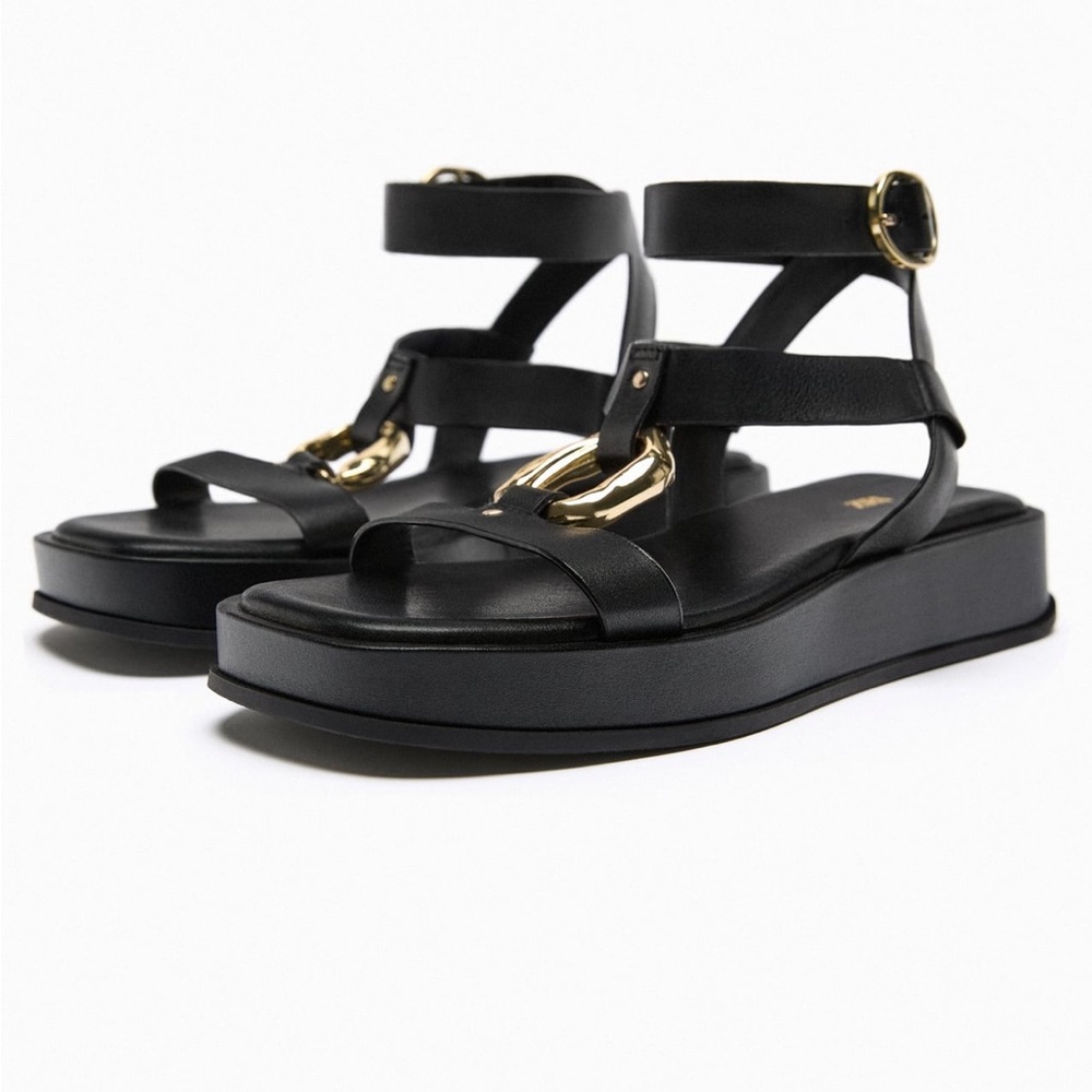 EMBELLISHED FLATFORM LEATHER SANDALS ZARA
